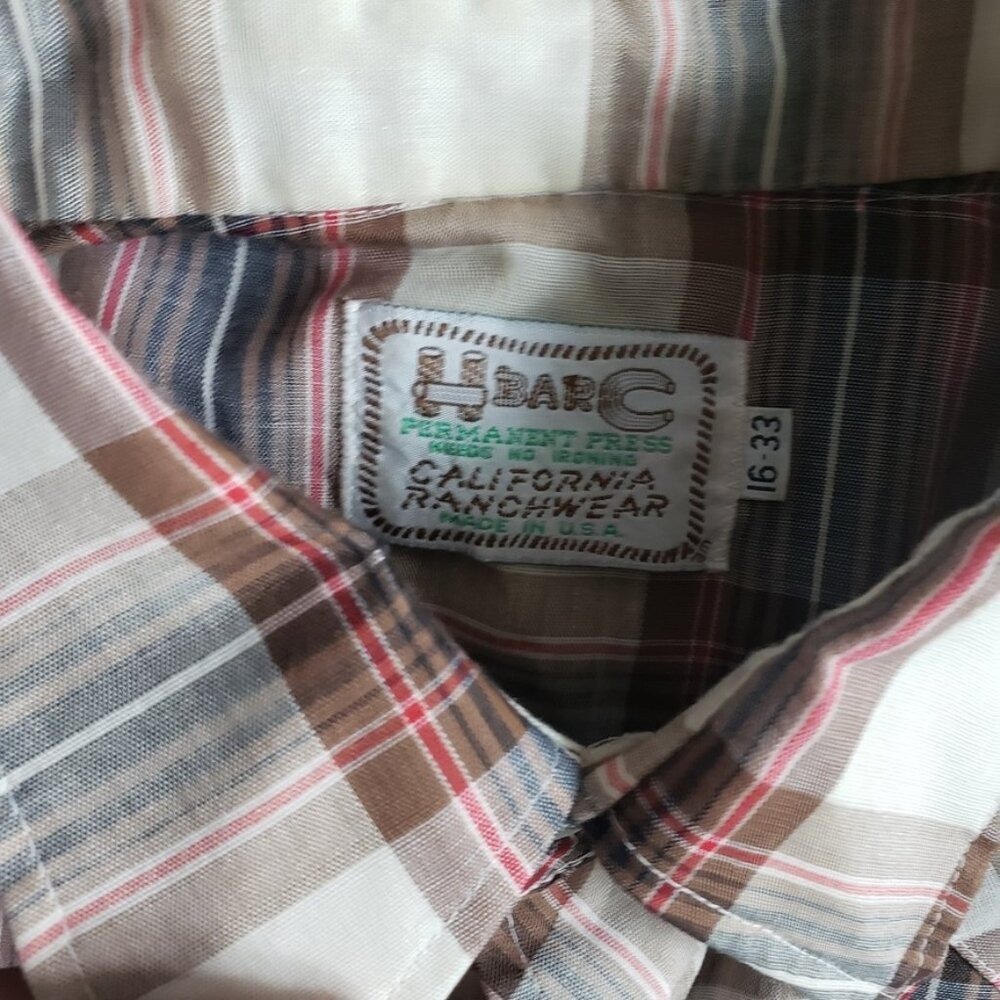 VTG H Bar C California Ranchwear Shirt Mens L Long Tail Tan Plaid Pearl Snap USA - Picture 4 of 7